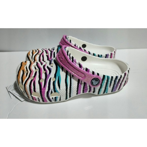 New Kids Crocs Classic Animal Print Clogs Glitter Sandals Multi/white US size J4 - Picture 1 of 7